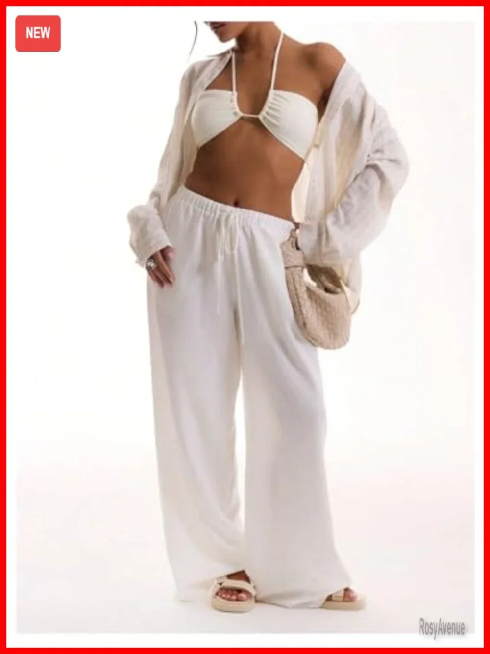 Women's Linen Beach Cover Up Wide Leg Palazzo Flowy Pants Drawstring Waist